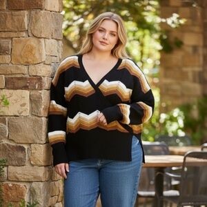 FCT WITH LOVE Black Zig Zag Chevron Stripe V Neck Knit Sweater Plus Size XL